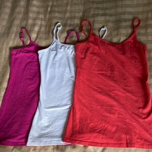 Hand By Hand Tank Tops (3) fuchsia/red/white with adjustable straps. Size small.